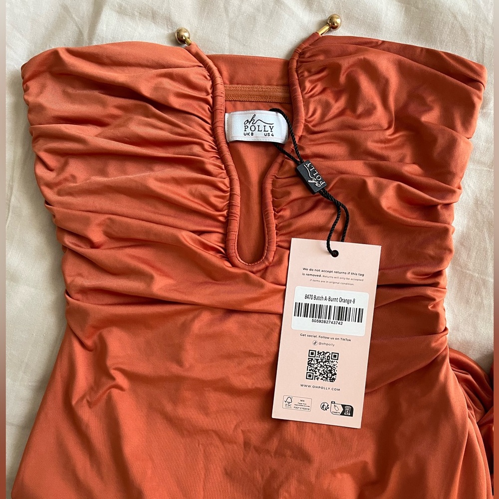 Oh Polly KEHLANI SlinkyJersey Hardware Detail Strapless Maxi Dress Burnt Orange